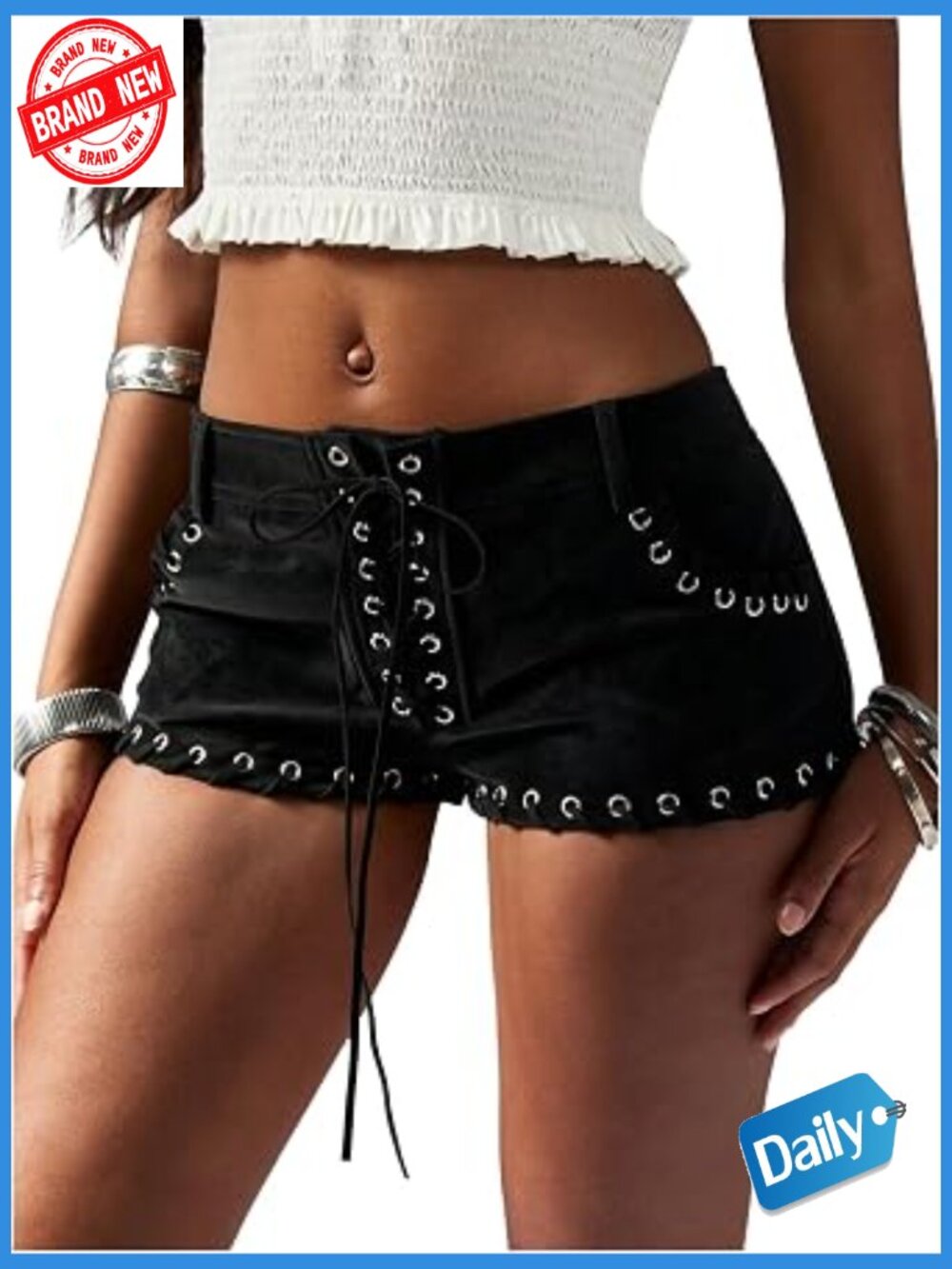 PU Leather Lace Up Mini Shorts Low Waisted Straight Leg Goth Black Micro Rave